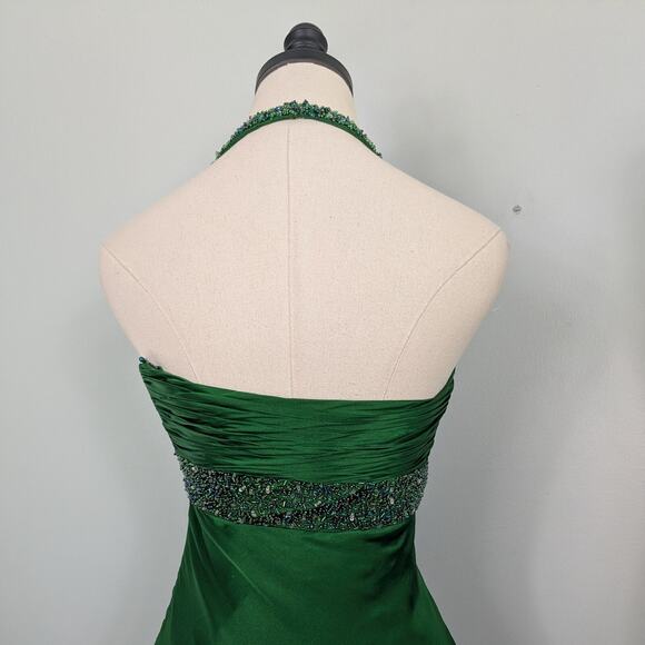 Cache Prom Dress Midi Gown 2 Green Silk Vintage Y2K Glam Bead Holiday Halter - Picture 4 of 14